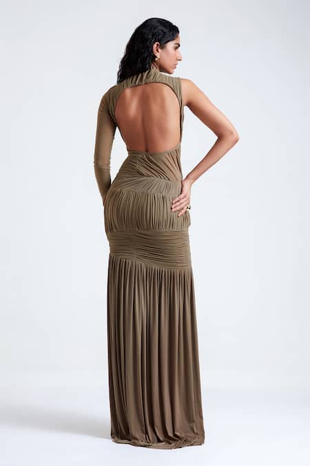 Deme By Gabriella_Grey Net, Lycra High Neck Erika Back Cut-out Gown _Online_at_Aza_Fashions