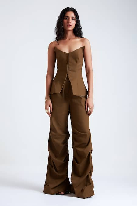 Deme by Gabriella Green Denim Drill V Neck Gisele Structured Top With Draped Pant 