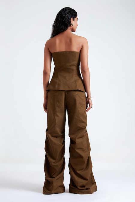 Deme By Gabriella_Green Denim V-neck Gisele Structured Top With Draped Pant _Online_at_Aza_Fashions