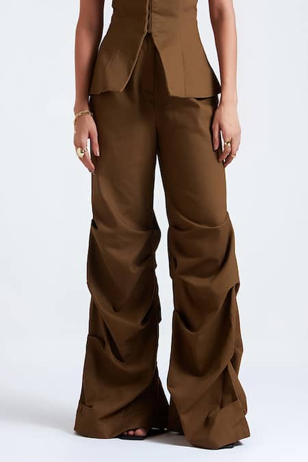 Buy_Deme By Gabriella_Green Denim V-neck Gisele Structured Top With Draped Pant _Online_at_Aza_Fashions