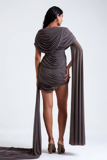 Deme By Gabriella_Purple Net, Lycra Round Neck Eliana Trail Sleeve Short Dress _Online_at_Aza_Fashions