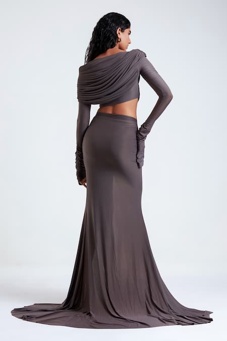 Deme By Gabriella Purple Net, Lycra Asymmetric Aylin Drape Top With Skirt Online at Aza Fashions Deme By Gabriella_Purple Net, Lycra Asymmetric Aylin Drape Top With Skirt _Online_at_Aza_Fashions