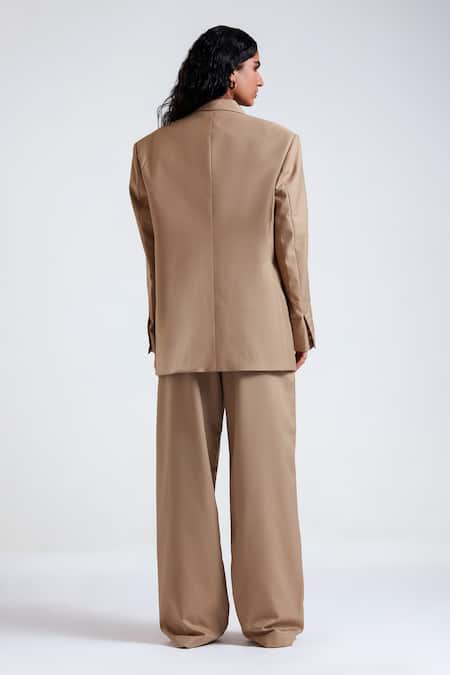 Deme By Gabriella_Beige Cotton V-neck Lydia Solid Blazer Set _Online_at_Aza_Fashions