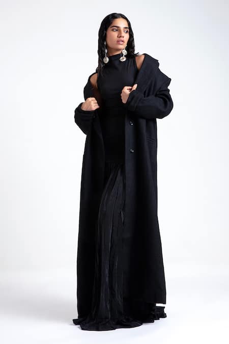 Deme by Gabriella Black Wool Melton Plain Blazer Lapel Gail Bodycon Bodice Gown With Trench Coat 