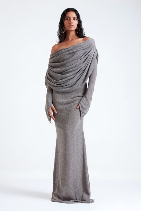 Deme by Gabriella Grey Low Gauge Knit Plain Straight Neck Bonnie Draped Bodice Gown 