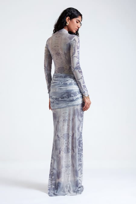 Deme By Gabriella_Grey Net High Neck Andrea Print Mesh Gown _Online_at_Aza_Fashions