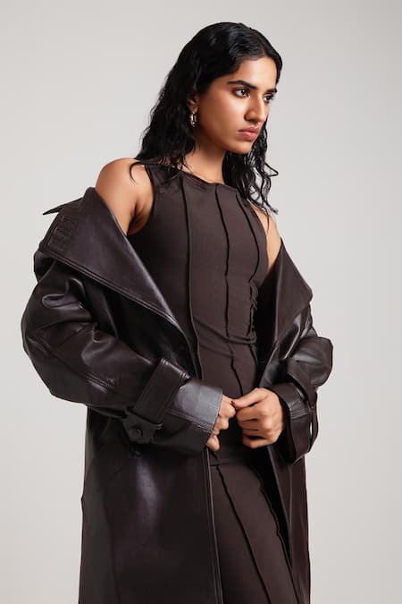 Deme By Gabriella Black Leather, Lycra Round , Open Kiah Bodycon Dress With Trench Coat at Aza Fashions Deme By Gabriella_Black Leather, Lycra Round , Open Kiah Bodycon Dress With Trench Coat _at_Aza_Fashions