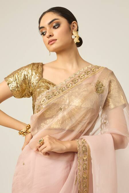 Peeli Dori_Pink Silk Organza Sequins, Cut Work, Embroidery Mastani Saree With Blouse _Online_at_Aza_Fashions