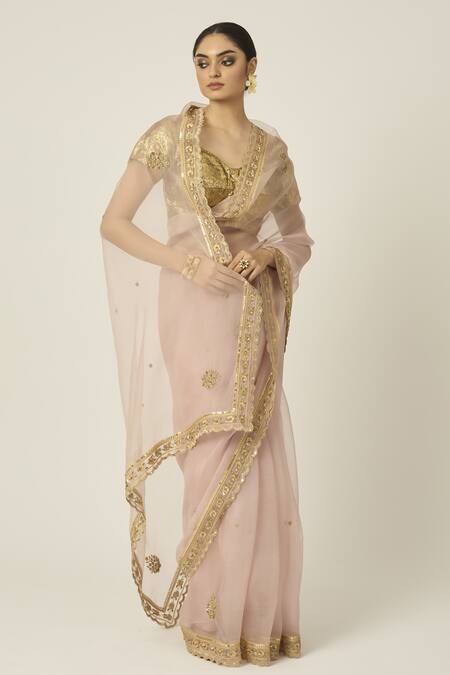 Shop_Peeli Dori_Pink Silk Organza Sequins, Cut Work, Embroidery Mastani Saree With Blouse _Online_at_Aza_Fashions
