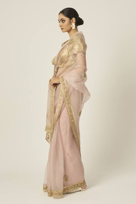 Peeli Dori_Pink Silk Organza Sequins, Cut Work, Embroidery Mastani Saree With Blouse _at_Aza_Fashions