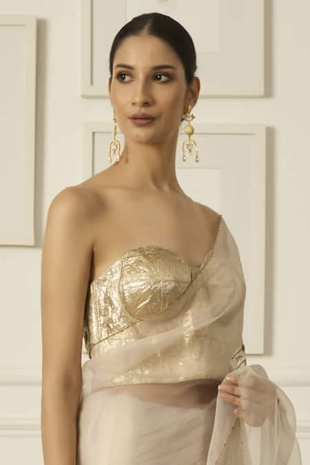 Peeli Dori Beige Organza Embroidered Thread Sweetheart Miral Silk Saree With Tube Blouse Online at Aza Fashions Peeli Dori_Beige Organza Embroidered Thread Sweetheart Miral Silk Saree With Tube Blouse _Online_at_Aza_Fashions