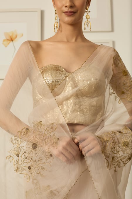 Shop Peeli Dori Beige Organza Embroidered Thread Sweetheart Miral Silk Saree With Tube Blouse Online at Aza Fashions Shop_Peeli Dori_Beige Organza Embroidered Thread Sweetheart Miral Silk Saree With Tube Blouse _Online_at_Aza_Fashions