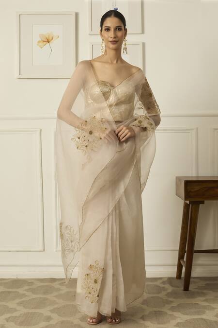 Buy Peeli Dori Beige Organza Embroidered Thread Sweetheart Miral Silk Saree With Tube Blouse Buy_Peeli Dori_Beige Organza Embroidered Thread Sweetheart Miral Silk Saree With Tube Blouse