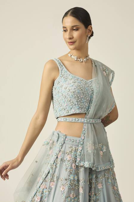 Peeli Dori Blue Net, Georgette Pearls, Sequins Mishty Floral Embroidered Lehenga Set Online at Aza Fashions Peeli Dori_Blue Net, Georgette Pearls, Sequins Mishty Floral Embroidered Lehenga Set _Online_at_Aza_Fashions