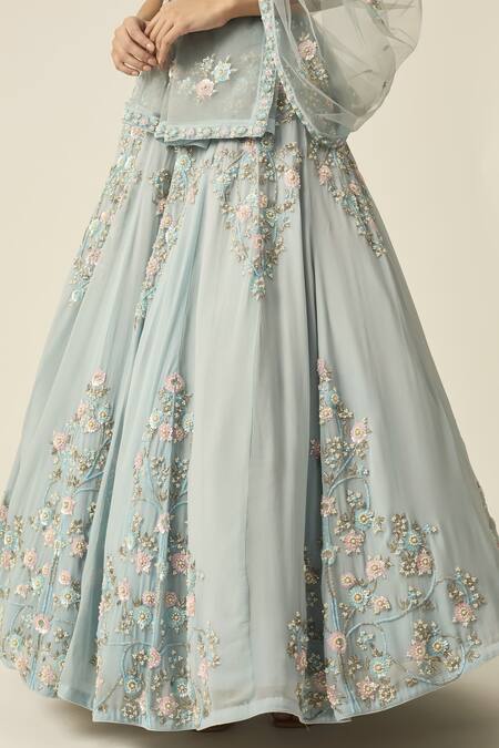 Buy Peeli Dori Blue Net, Georgette Pearls, Sequins Mishty Floral Embroidered Lehenga Set Online at Aza Fashions Buy_Peeli Dori_Blue Net, Georgette Pearls, Sequins Mishty Floral Embroidered Lehenga Set _Online_at_Aza_Fashions