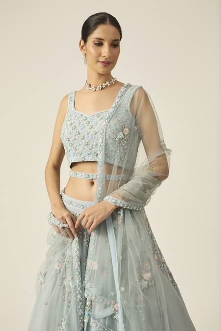 Shop Peeli Dori Blue Net, Georgette Pearls, Sequins Mishty Floral Embroidered Lehenga Set Online at Aza Fashions Shop_Peeli Dori_Blue Net, Georgette Pearls, Sequins Mishty Floral Embroidered Lehenga Set _Online_at_Aza_Fashions