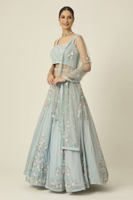 Peeli Dori Blue Net, Georgette Pearls, Sequins Mishty Floral Embroidered Lehenga Set at Aza Fashions Peeli Dori_Blue Net, Georgette Pearls, Sequins Mishty Floral Embroidered Lehenga Set _at_Aza_Fashions