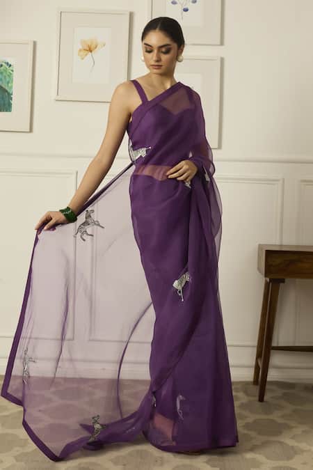 Peeli Dori_Purple Silk Organza Embroidery Round Neck Balcao Resham Saree With Blouse _Online_at_Aza_Fashions