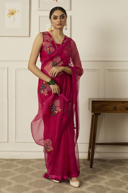 Peeli Dori Pink Silk Organza Embroidered Sequin Blunt V Suhani And Bead Saree With Blouse 