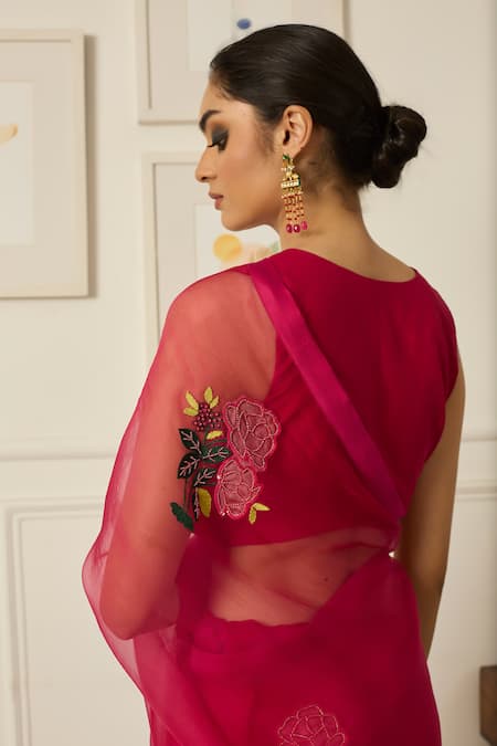 Shop_Peeli Dori_Pink Silk Organza Embroidered Sequin Blunt V Suhani And Bead Saree With Blouse _Online_at_Aza_Fashions