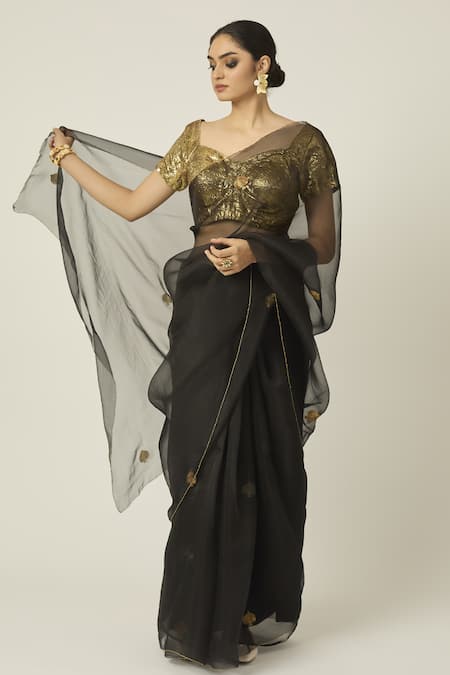Shop_Peeli Dori_Black Silk Organza Hand Embroidered Golden Thread Ace Saree With Blouse _Online_at_Aza_Fashions