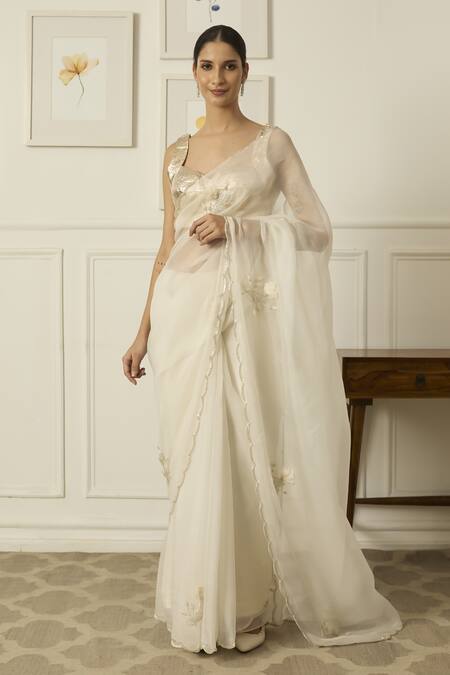 Buy Peeli Dori White Silk Organza Beads, Embroidery Sweetheart Neck Floret Saree With Blouse Online at Aza Fashions Buy_Peeli Dori_White Silk Organza Beads, Embroidery Sweetheart Neck Floret Saree With Blouse _Online_at_Aza_Fashions