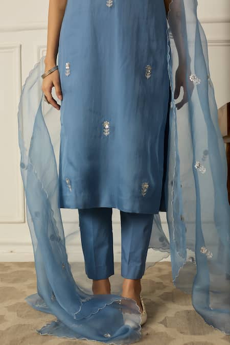 Buy Peeli Dori Blue Silk Chanderi Hand Embroidered Sequin V-neck Iris Floral Kurta Pant Set Online at Aza Fashions Buy_Peeli Dori_Blue Silk Chanderi Hand Embroidered Sequin V-neck Iris Floral Kurta Pant Set _Online_at_Aza_Fashions