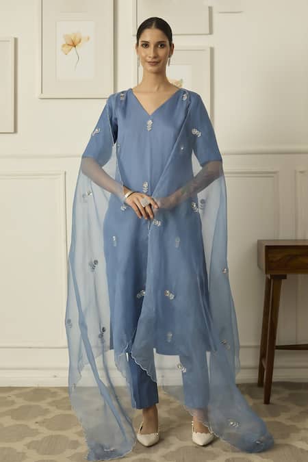 Shop Peeli Dori Blue Silk Chanderi Hand Embroidered Sequin V-neck Iris Floral Kurta Pant Set Online at Aza Fashions Shop_Peeli Dori_Blue Silk Chanderi Hand Embroidered Sequin V-neck Iris Floral Kurta Pant Set _Online_at_Aza_Fashions