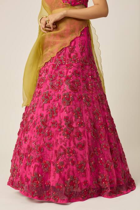 Buy_Peeli Dori_Pink Net Beads, Sequins Sweetheart Neck Ishani Embroidered Bridal Lehenga Set _Online_at_Aza_Fashions