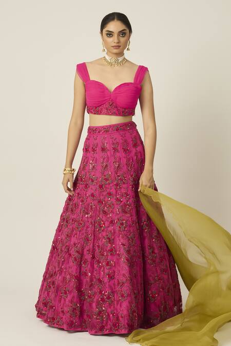 Peeli Dori_Pink Net Beads, Sequins Sweetheart Neck Ishani Embroidered Bridal Lehenga Set _at_Aza_Fashions