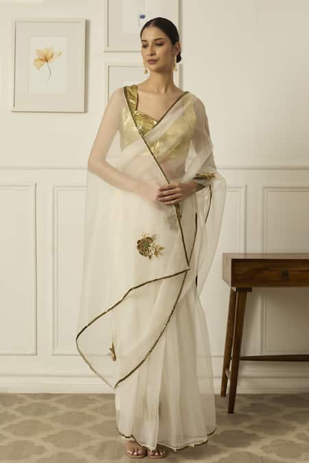 Buy Peeli Dori Ivory Silk Organza Hand Embroidered Sequin Paro Floral Saree With Blouse Online at Aza Fashions Buy_Peeli Dori_Ivory Silk Organza Hand Embroidered Sequin Paro Floral Saree With Blouse _Online_at_Aza_Fashions