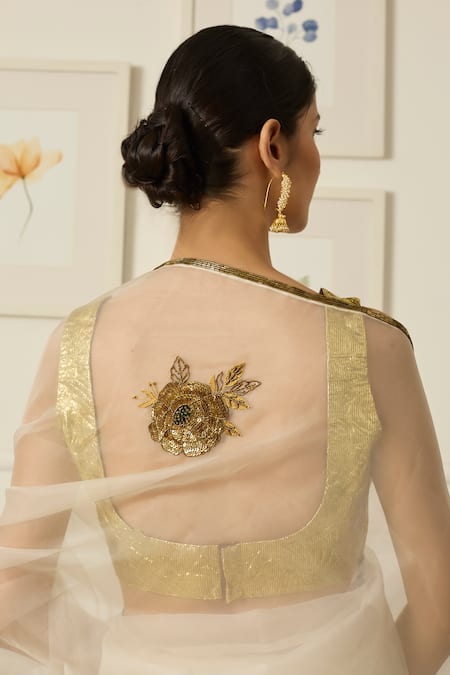 Shop Peeli Dori Ivory Silk Organza Hand Embroidered Sequin Paro Floral Saree With Blouse Online at Aza Fashions Shop_Peeli Dori_Ivory Silk Organza Hand Embroidered Sequin Paro Floral Saree With Blouse _Online_at_Aza_Fashions