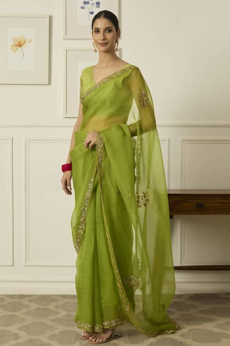 Peeli Dori Green Silk Organza Hand Embroidered Thread Meenakshi Floral Saree With Blouse 