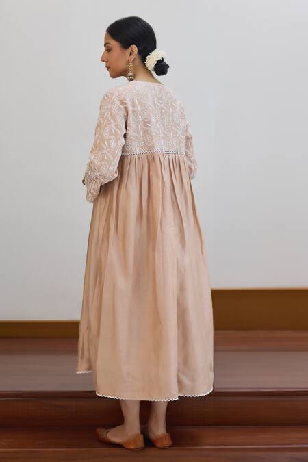 Shop Vasstram Beige Chanderi Lace Round Neck Floral Chikankari Embroidered Dress at Aza Fashions Shop_Vasstram_Beige Chanderi Lace Round Neck Floral Chikankari Embroidered Dress_at_Aza_Fashions