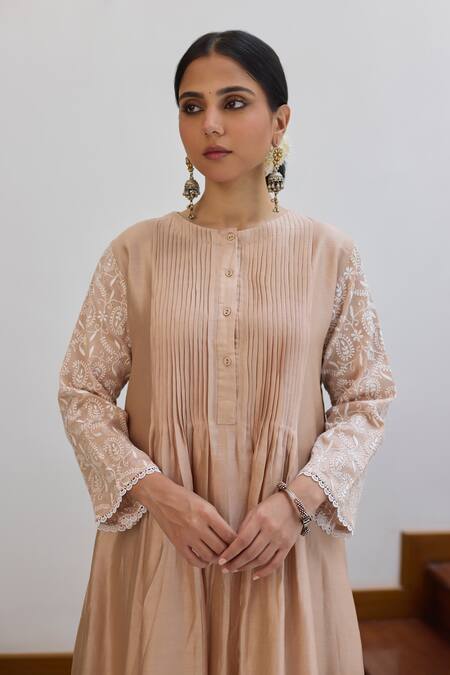 Vasstram Beige Chanderi Lace Round Neck Floral Chikankari Embroidered Dress Online at Aza Fashions Vasstram_Beige Chanderi Lace Round Neck Floral Chikankari Embroidered Dress_Online_at_Aza_Fashions