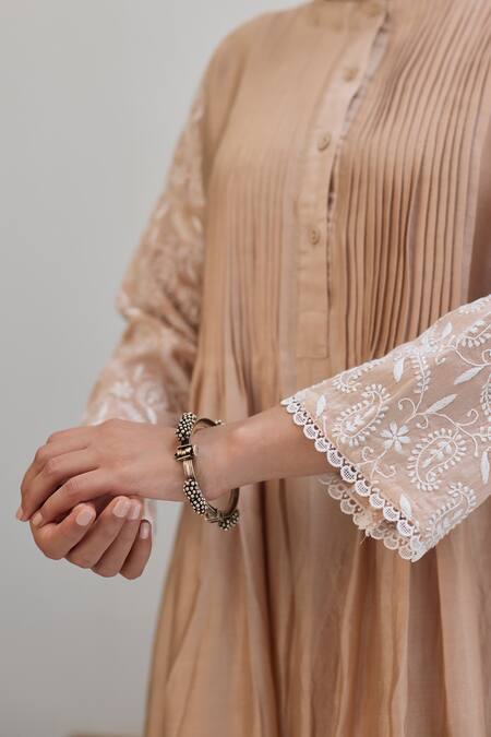 Buy Vasstram Beige Chanderi Lace Round Neck Floral Chikankari Embroidered Dress Online at Aza Fashions Buy_Vasstram_Beige Chanderi Lace Round Neck Floral Chikankari Embroidered Dress_Online_at_Aza_Fashions