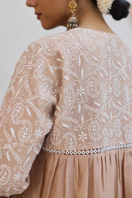 Shop Vasstram Beige Chanderi Lace Round Neck Floral Chikankari Embroidered Dress Online at Aza Fashions Shop_Vasstram_Beige Chanderi Lace Round Neck Floral Chikankari Embroidered Dress_Online_at_Aza_Fashions