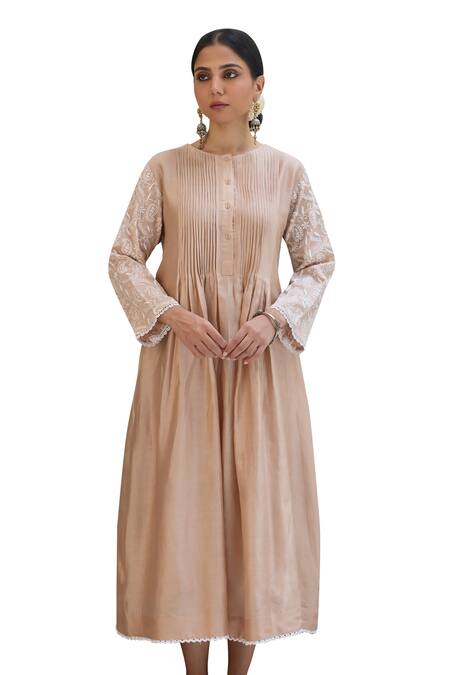 Vasstram Beige Chanderi Lace Round Neck Floral Chikankari Embroidered Dress at Aza Fashions Vasstram_Beige Chanderi Lace Round Neck Floral Chikankari Embroidered Dress_at_Aza_Fashions