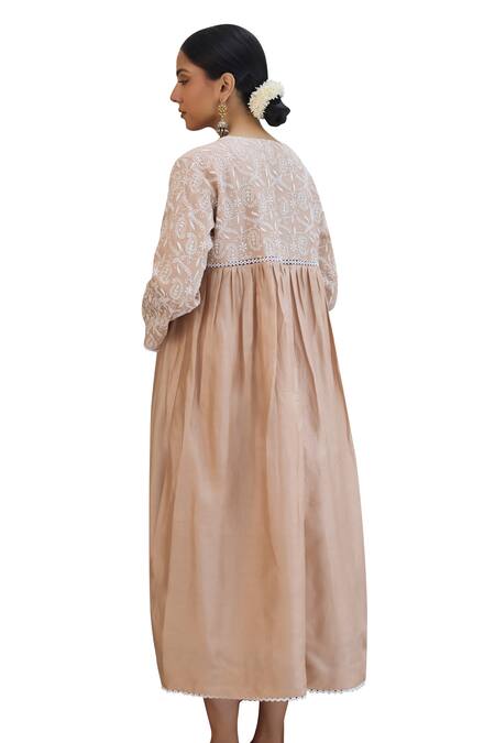 Shop Vasstram Beige Chanderi Lace Round Neck Floral Chikankari Embroidered Dress Shop_Vasstram_Beige Chanderi Lace Round Neck Floral Chikankari Embroidered Dress