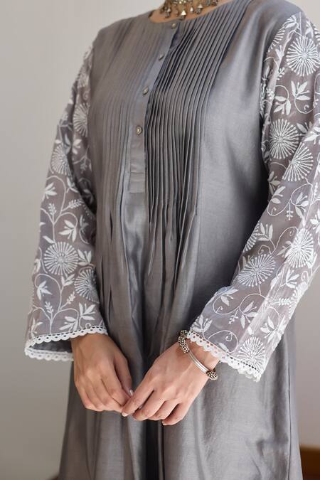 Vasstram_Grey Chanderi Lace Round Neck Floral Chikankari Sleeve Embroidered Dress_at_Aza_Fashions