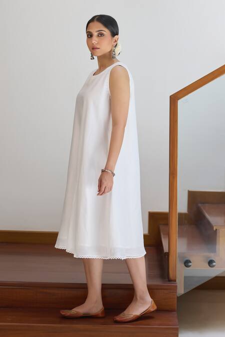 Shop_Vasstram_White Chanderi Plain Round Sleeveless Dress_Online_at_Aza_Fashions
