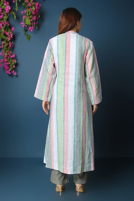 Shop Vasstram Multi Color V-neck Pinstripe Angarkha Set at Aza Fashions Shop_Vasstram_Multi Color V-neck Pinstripe Angarkha Set _at_Aza_Fashions