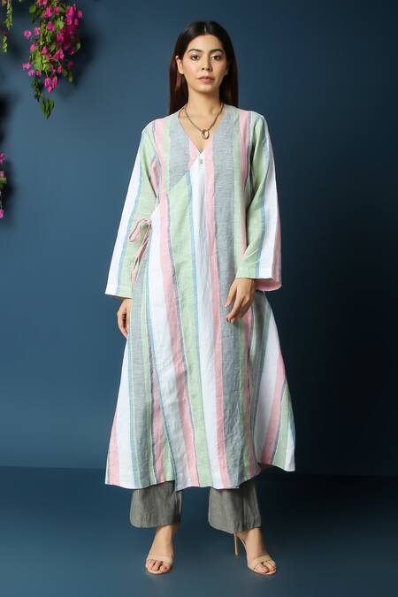 Vasstram Multi Color V-neck Pinstripe Angarkha Set Online at Aza Fashions Vasstram_Multi Color V-neck Pinstripe Angarkha Set _Online_at_Aza_Fashions
