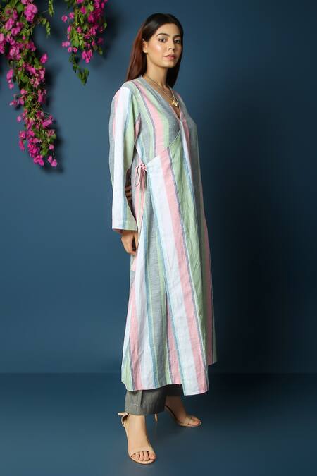 Buy Vasstram Multi Color V-neck Pinstripe Angarkha Set Online at Aza Fashions Buy_Vasstram_Multi Color V-neck Pinstripe Angarkha Set _Online_at_Aza_Fashions