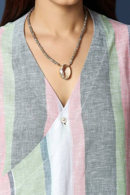 Shop Vasstram Multi Color V-neck Pinstripe Angarkha Set Online at Aza Fashions Shop_Vasstram_Multi Color V-neck Pinstripe Angarkha Set _Online_at_Aza_Fashions