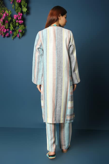 Shop_Vasstram_Multi Color Cotton Round Neck Leher Stripe Print Co-ord Set _at_Aza_Fashions