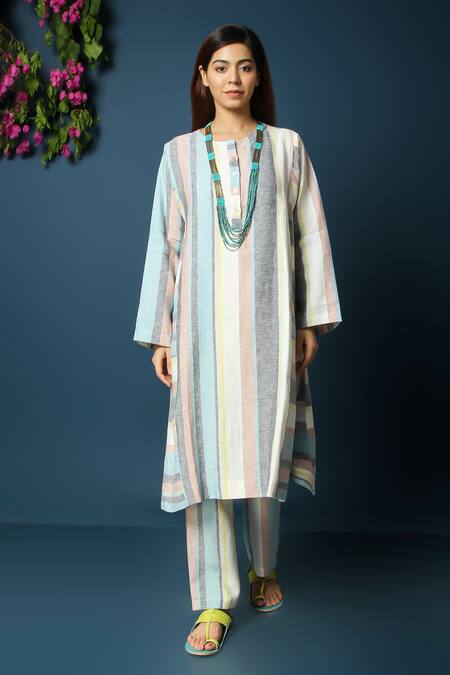 Vasstram_Multi Color Cotton Round Neck Leher Stripe Print Co-ord Set _Online_at_Aza_Fashions
