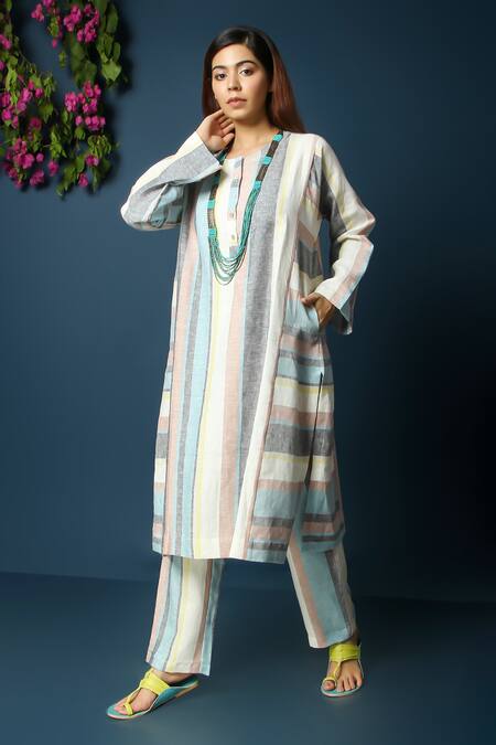 Buy_Vasstram_Multi Color Cotton Round Neck Leher Stripe Print Co-ord Set _Online_at_Aza_Fashions