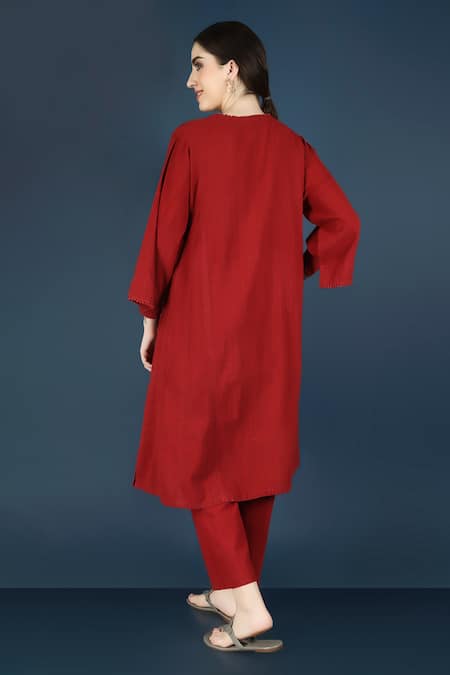 Shop Vasstram Red Cotton Split V-neck Azeema Solid Co-ord Set at Aza Fashions Shop_Vasstram_Red Cotton Split V-neck Azeema Solid Co-ord Set _at_Aza_Fashions