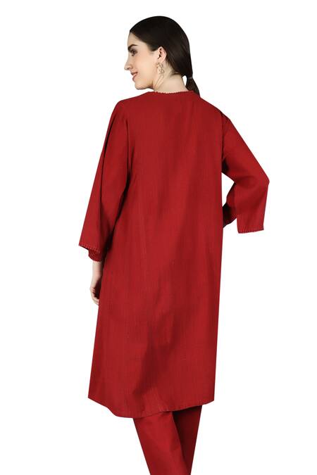 Vasstram Red Cotton Split V-neck Azeema Solid Co-ord Set Online at Aza Fashions Vasstram_Red Cotton Split V-neck Azeema Solid Co-ord Set _Online_at_Aza_Fashions